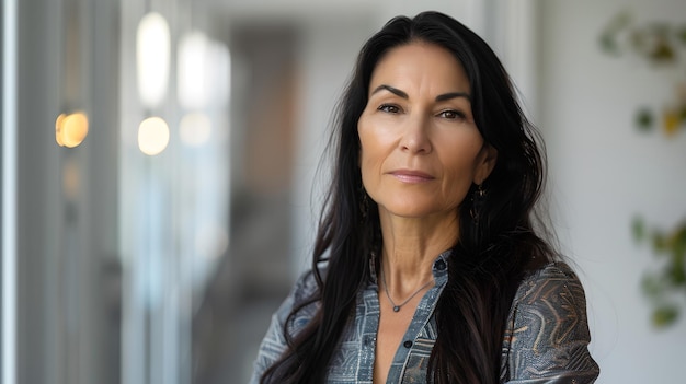 Foto mujer madura segura con ropa elegante en el interior elegancia casual comportamiento equilibrado retrato que muestra fuerza interna y profesionalismo ia