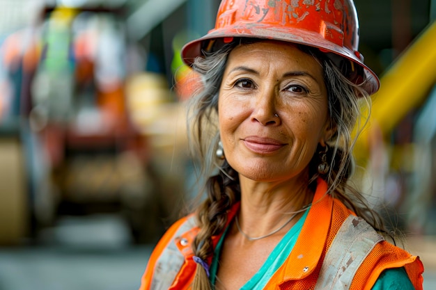 Una mujer madura y segura en el sitio de construcción con sombrero y chaleco de trabajo sonriendo