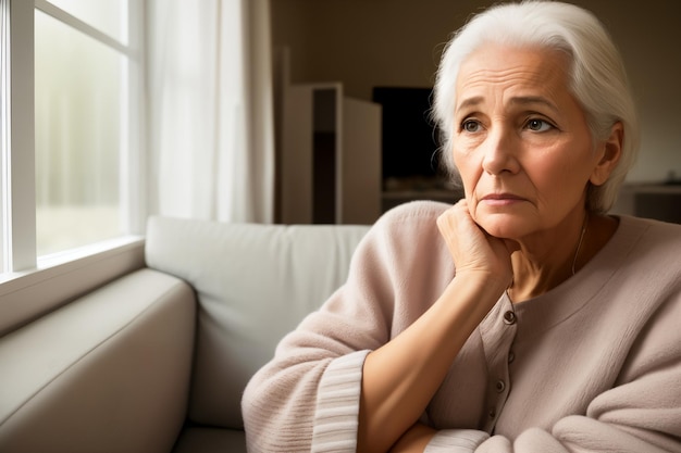 Mujer madura sentada en el sofá sintiéndose triste y sola Las ancianas molestas de los 70 tienen dolor de cabeza mientras están en la sala de estar en casa