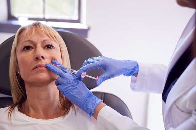 mujer madura, sentado, en, silla, dar, botox, inyección, por, doctora