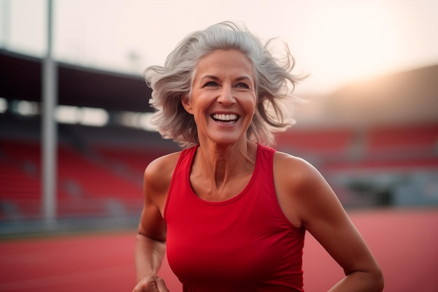 Mujer madura sonriendo feliz corriendo en una pista de carreras