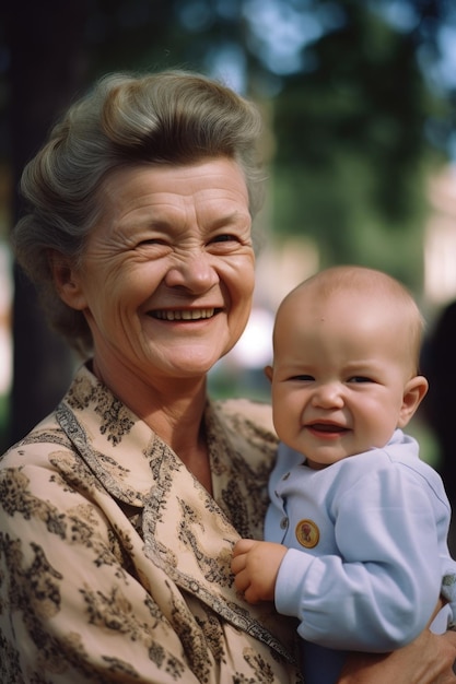 Una mujer madura sonriendo mientras sostiene a un bebé creado con IA generativa