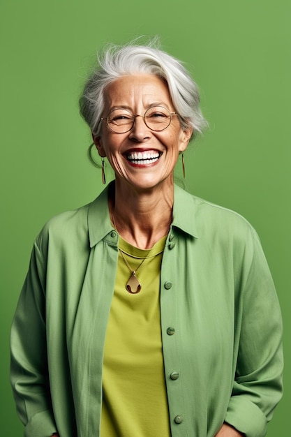 Foto una mujer madura sonriente posa con gracia contra un telón de fondo verde exuberante en bestage product ad ai generat