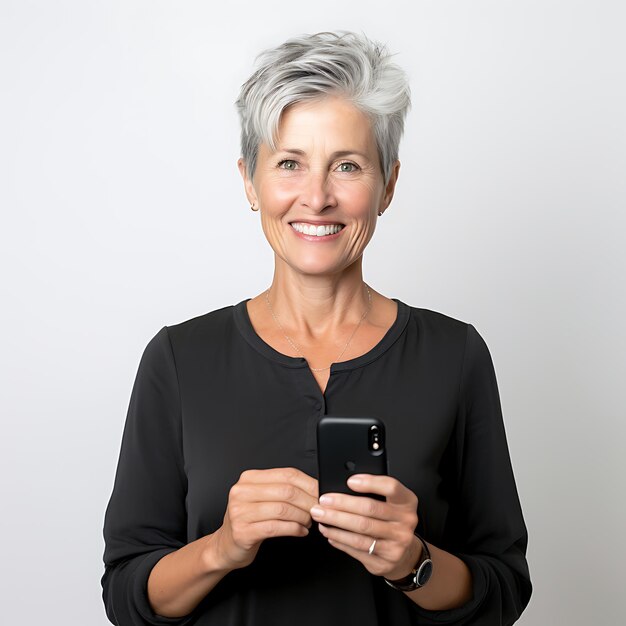 mujer madura sosteniendo un teléfono en fondo blanco