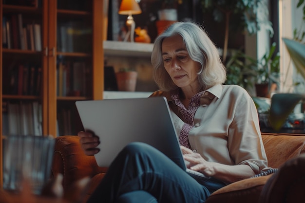 Mujer madura usando una computadora portátil en un interior acogedor con IA generada