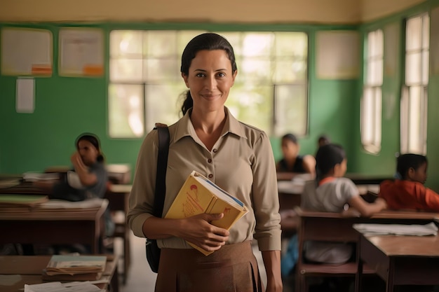 Mujer maestra dedicada sosteniendo libros y papeles