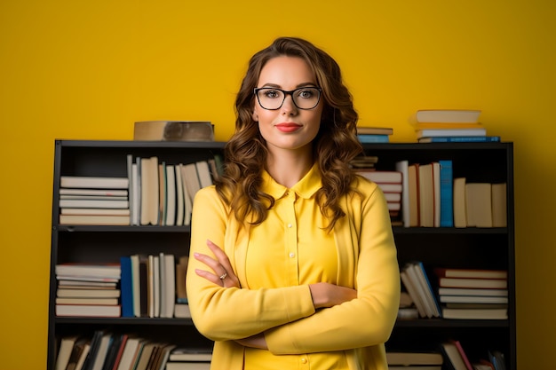 Mujer maestra dedicada sosteniendo libros y papeles