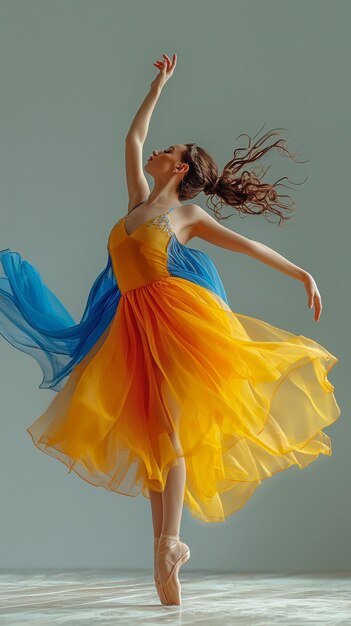 Mujer magnífica en un colorido vestido aleteante saltando en el aire como una bailarina de ballet bailarina vápida con un vestido azul amarillo bailando en un fondo de estudio gris