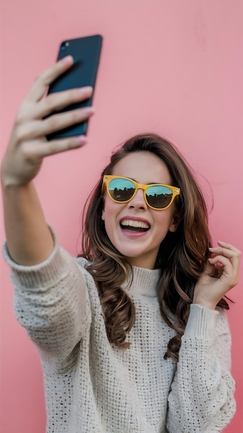 Una mujer magnífica riendo con gafas de sol amarillas divertidas haciendo una selfie