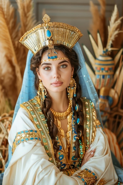 Mujer majestuosa con traje de faraón del antiguo Egipto con tocado y joyas de oro