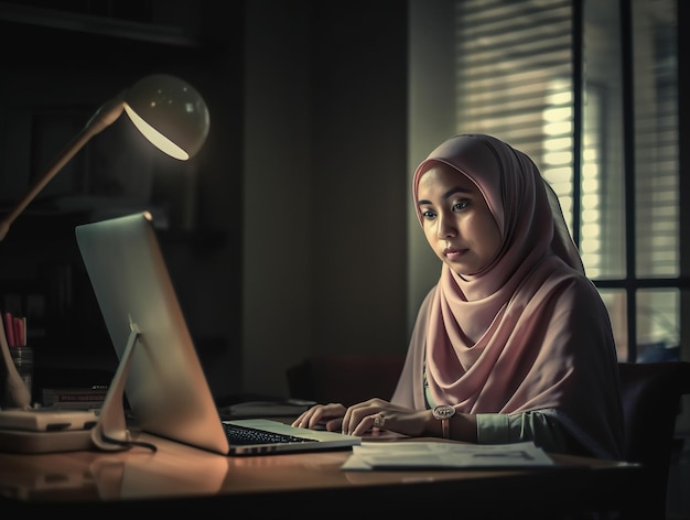 Una mujer malaya se sienta en un escritorio y revisa los pedidos en línea en su casa IA generativa