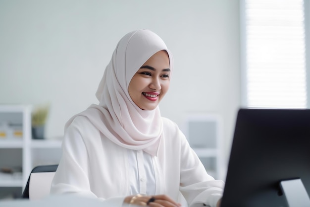 Una mujer malaya se sienta frente a una computadora en un salón de clases sonriendo y mirando a la cámara IA generativa