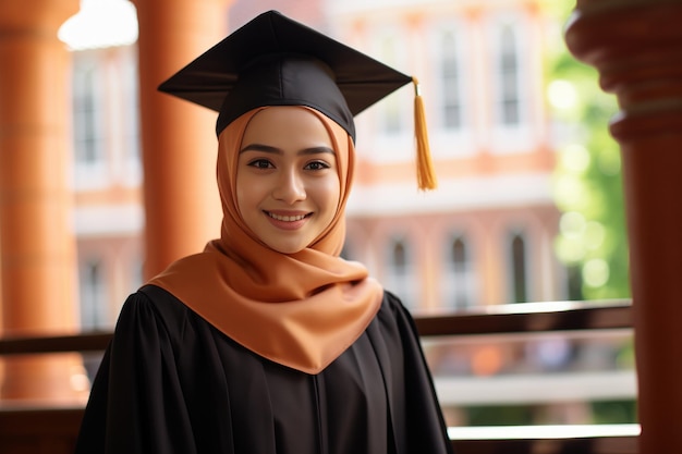 Una mujer malaya sonriente se graduó con traje de graduación