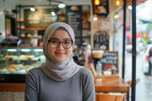 Una mujer malaya sonriente con hijab en un café