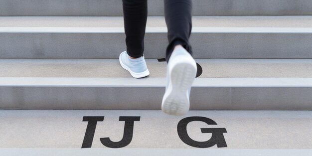 Una mujer con mallas negras y zapatillas jj g sube las escaleras.