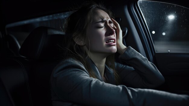 Una mujer maneja sola en la noche Está lloviendo Está estresada