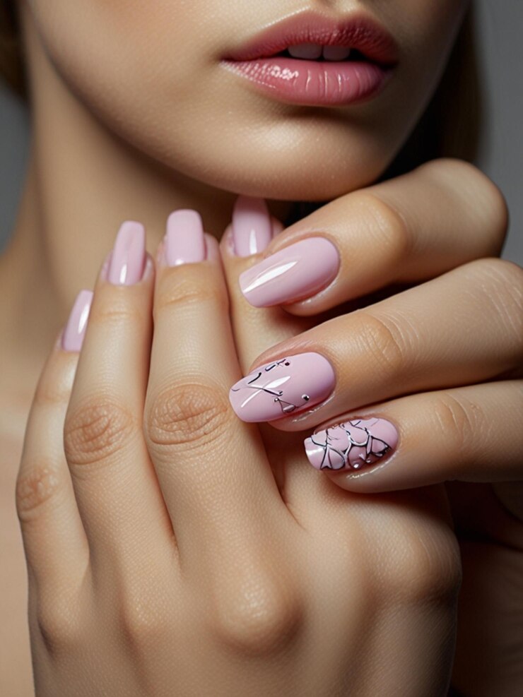 una mujer con una manicura rosa y una flor en las uñas