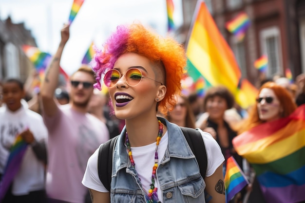 Mujer en una manifestación festiva LGBT