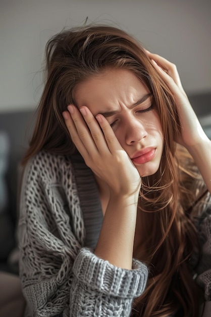 una mujer con la mano en la cabeza