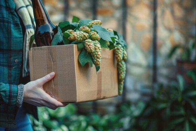 Mujer con la mano en caja de cartón de cerveza o vid