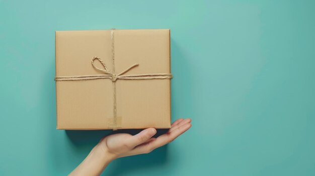 Foto mujer con la mano una caja de embalaje ecológico marrón hecha de cartón ondulado natural