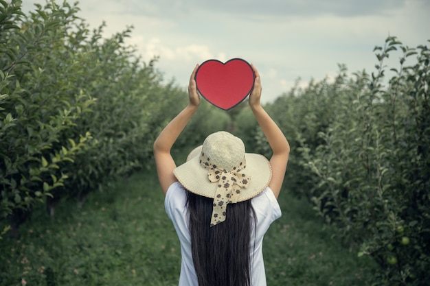 Mujer mano corazón rojo en el campo