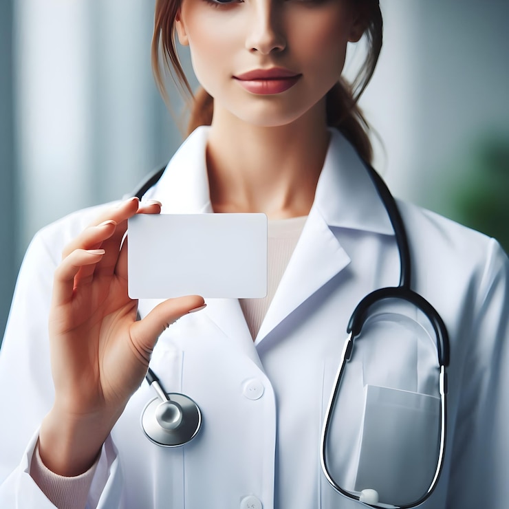 una mujer con la mano de un médico y una tarjeta de visita en blanco con un estetoscopio
