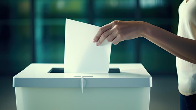 Mujer con la mano poniendo papel en la urna de votación vista de cerca