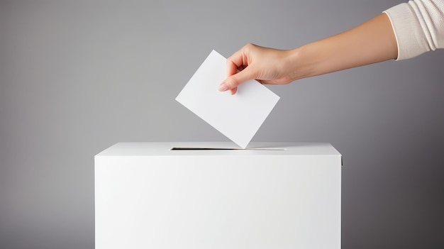 Mujer con la mano poniendo papel en la urna de votación vista de cerca