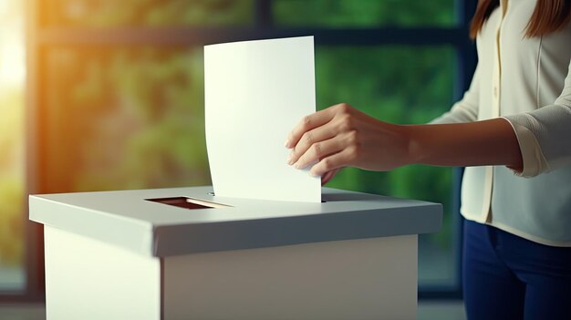 Mujer con la mano poniendo papel en la urna de votación vista de cerca