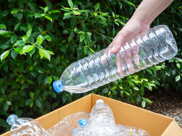 Una mujer de la mano recogiendo botellas de plástico de basura en una caja y una bolsa