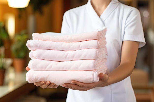 Mujer de la mano Sostenga una pila de toallas de lavado