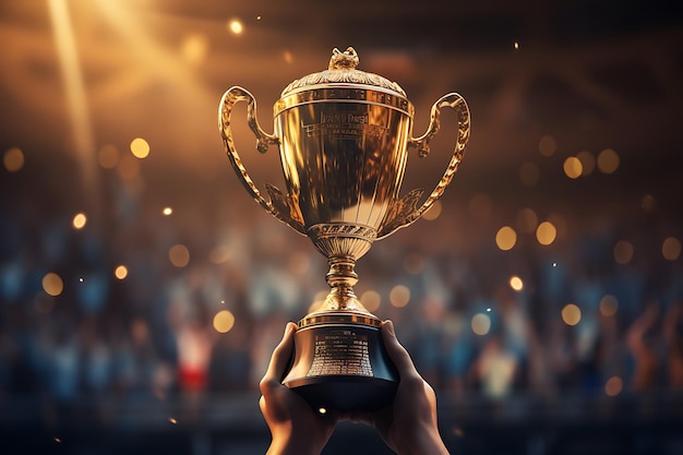 Mujer con la mano sosteniendo la copa del trofeo dorado en fondo bokeh Concepto ganador