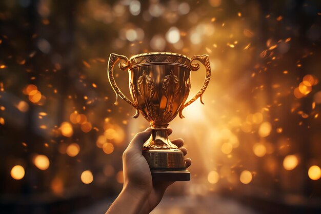 Foto mujer con la mano sosteniendo la copa del trofeo dorado en fondo bokeh concepto ganador