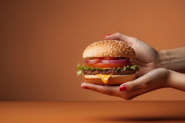 Foto mujer con la mano sosteniendo una sabrosa hamburguesa en un fondo limpio de color naranja en blanco