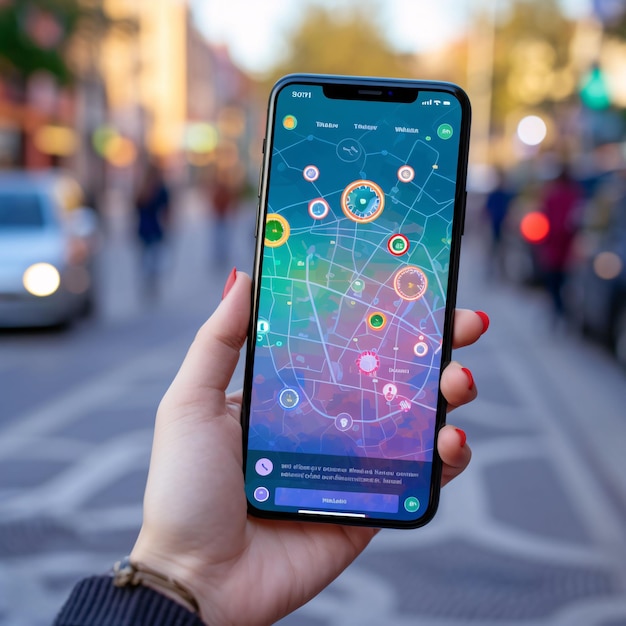 Mujer con la mano del teléfono X con aplicación de realidad aumentada en la pantalla