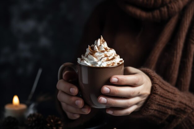 Mujer manos chocolate caliente taza acogedora Generar Ai