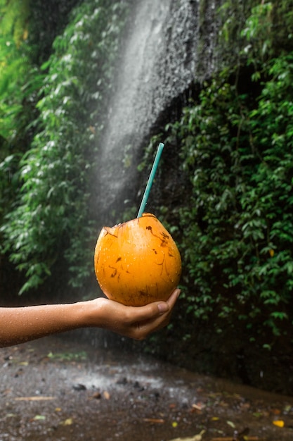 Mujer mantenga bebida de coco en la mano junto a la cascada.