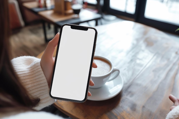 Mujer con una maqueta de teléfono móvil de pantalla blanca