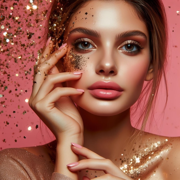 Foto una mujer con un maquillaje brillante en la cara