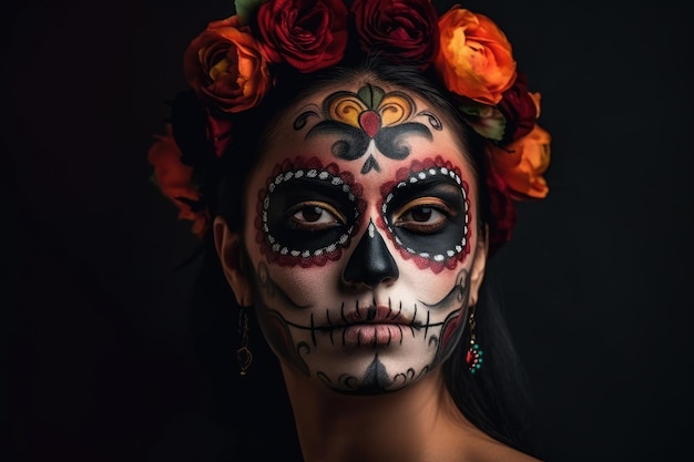 Una mujer con un maquillaje de calavera de azúcar para el Cinco de Mayo y Da De Muertos