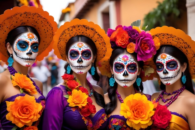 Una mujer con maquillaje de calavera de azúcar en el desfile del Día de los Muertos.