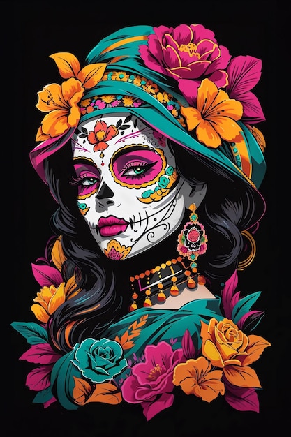 Foto mujer con maquillaje de calavera de azúcar marco flores y mariposas día de muertos dia de los muertos