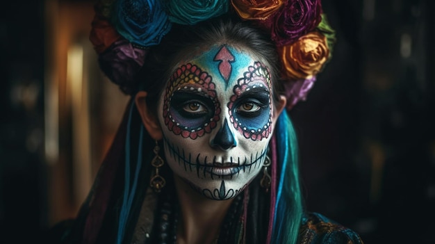 Una mujer con un maquillaje de calavera de azúcar