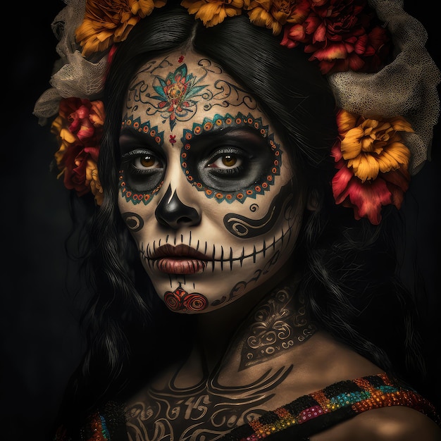 Una mujer con maquillaje de calavera y flores en la cara.