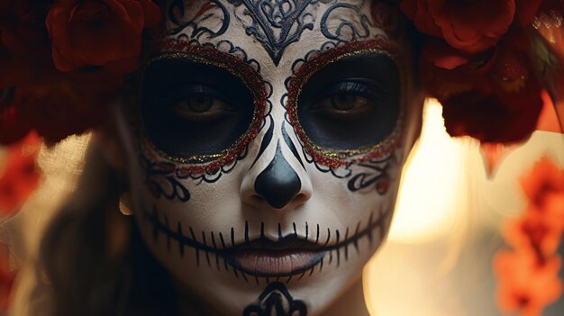 Una mujer con maquillaje de calavera y flores en el pelo.