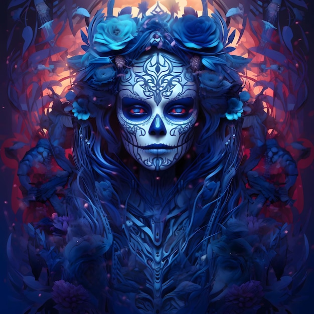 Mujer en maquillaje calavera máscara mortuoria decoraciones azules fondo de flores para el día de los muertos y Halloween