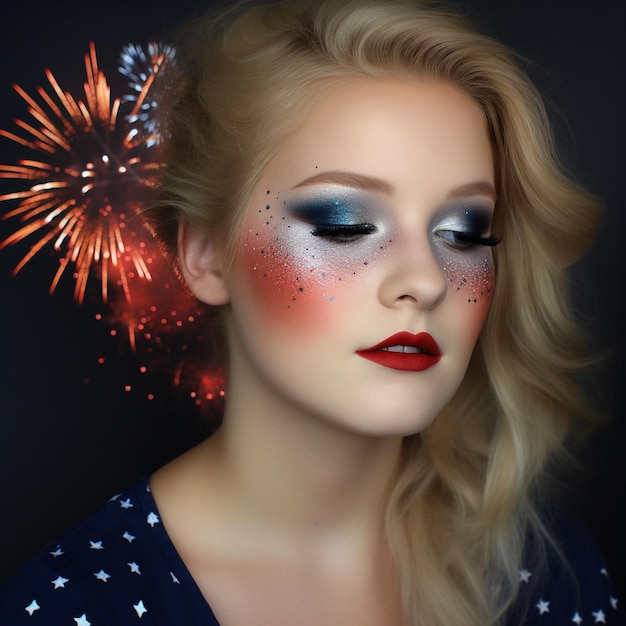 Una mujer con maquillaje y una camisa de lunares rojos y azules.