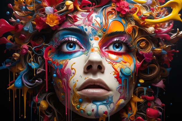 Mujer con maquillaje colorido y flores en su cara y cara IA generativa