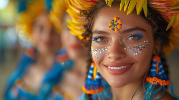 Mujer de maquillaje colorido con peinado floral